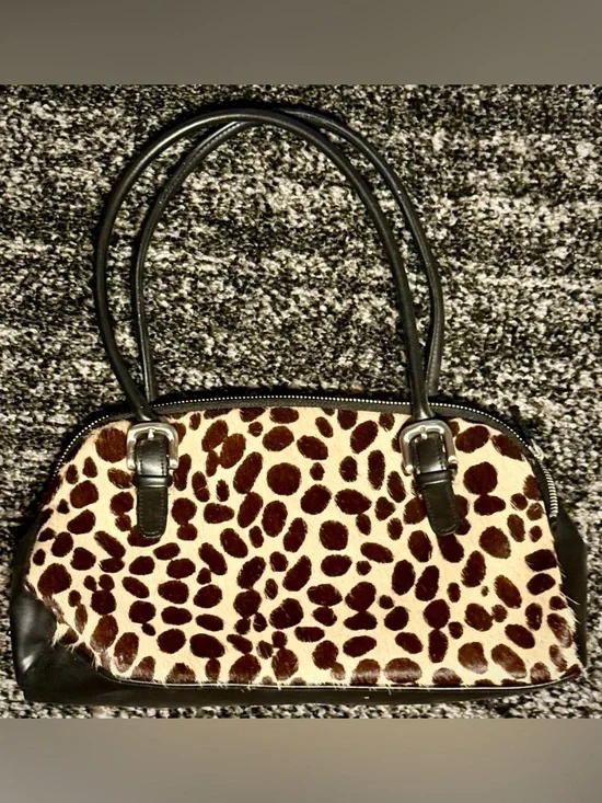 EXPRESS || Vintage Leopard Print Zip Handbag – Faux Fur Calf Hair Satchel - Picture 2 of 5